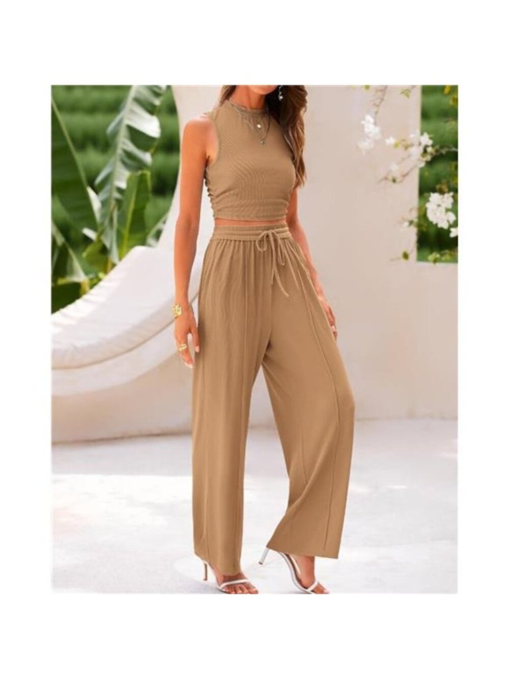 Women's Summer 2 Piece Outfits Crew Neck Cropped Top Wide Leg Pants Loun… - Picture 5 of 7